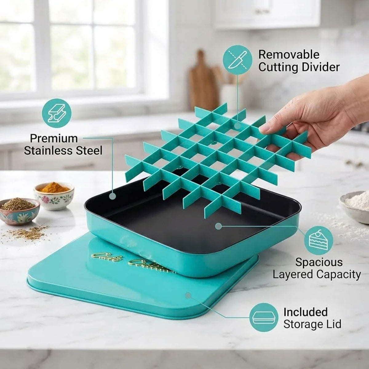 Carbon Steel Cake Tin – Baking Pan With Lid & Cutting Divider – Easy Portioning Design
