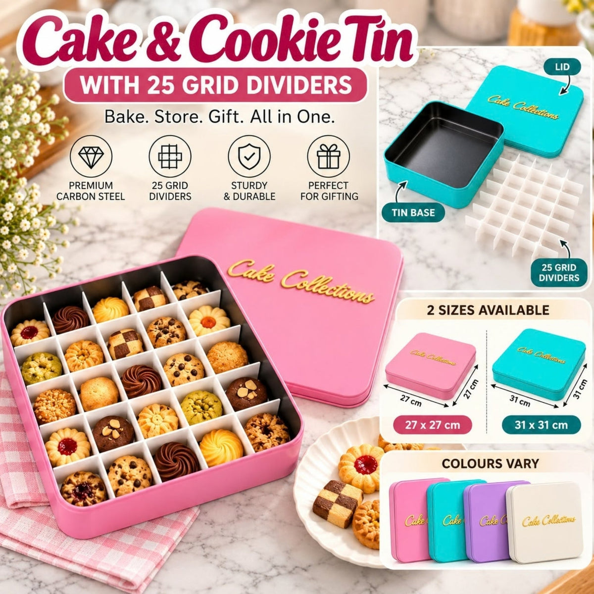 Carbon Steel Cake Tin – Baking Pan With Lid & Cutting Divider – Easy Portioning Design