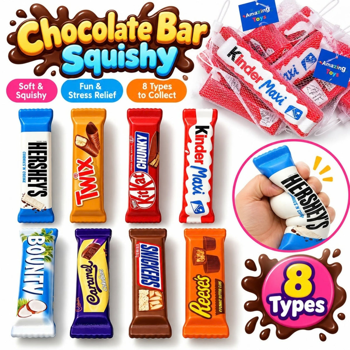 Chocolate Bar Squishy – Soft Squeeze Stress Relief Toy in Mesh Bag