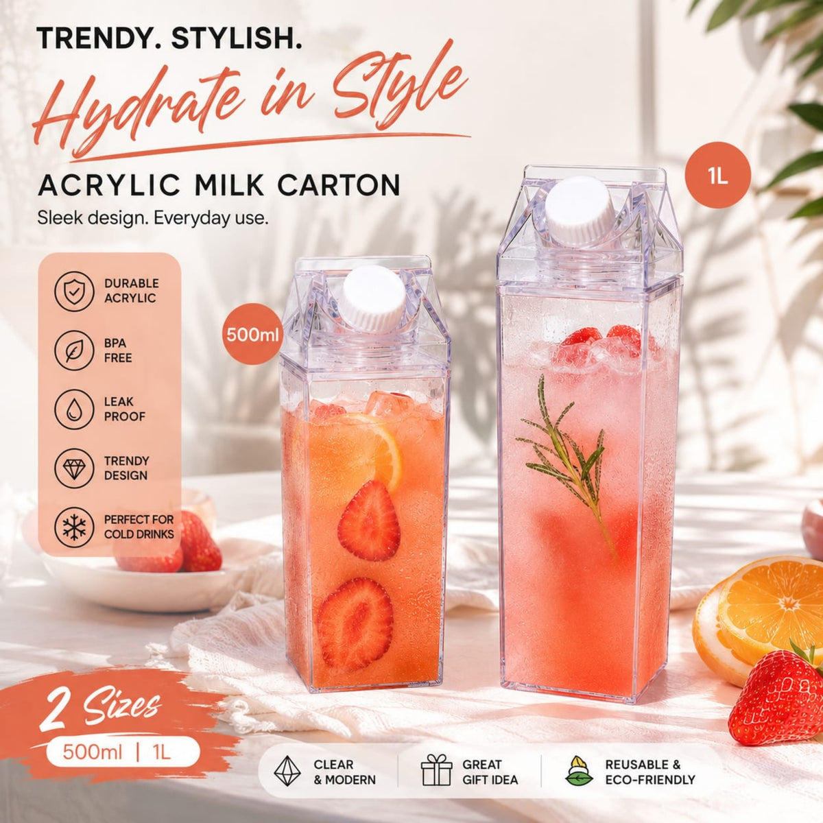 Clear Acrylic Milk Carton Style Drink Container Available in 500ml and 1L Sizes