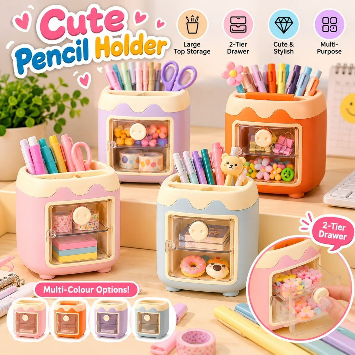 Cute Pencil Holder – Desktop Stationery Organizer with Multi-Compartment Storage