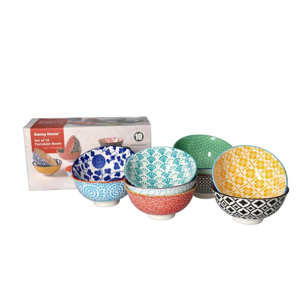 Danny Home 10pc Porcelain Bowl Set – Elegant Serving & Dining Bowls for Everyday Meals On White Background