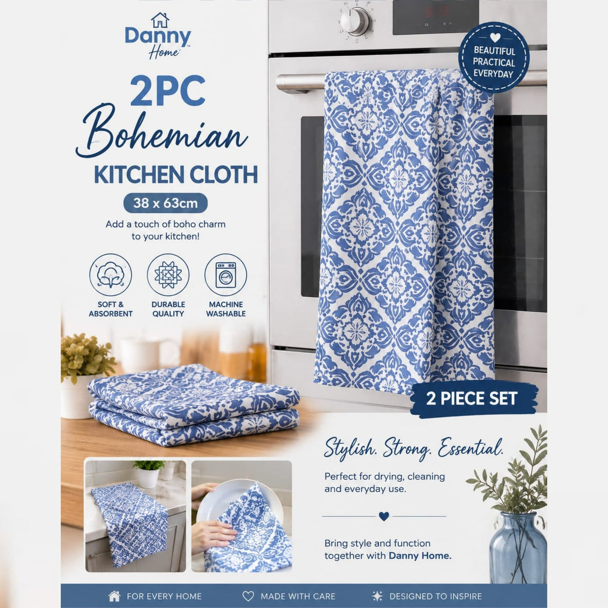 Danny Home 2 Piece Cotton Kitchen Towels-Blue Bohemian