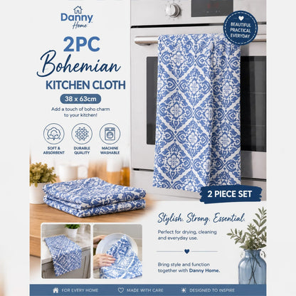 Danny Home 2 Piece Cotton Kitchen Towels-Blue Bohemian
