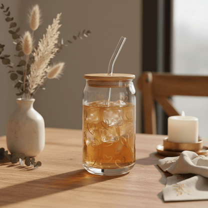 Danny Home 2pc Printed Bamboo Glass Can With Straw 500ml - Gold Heart