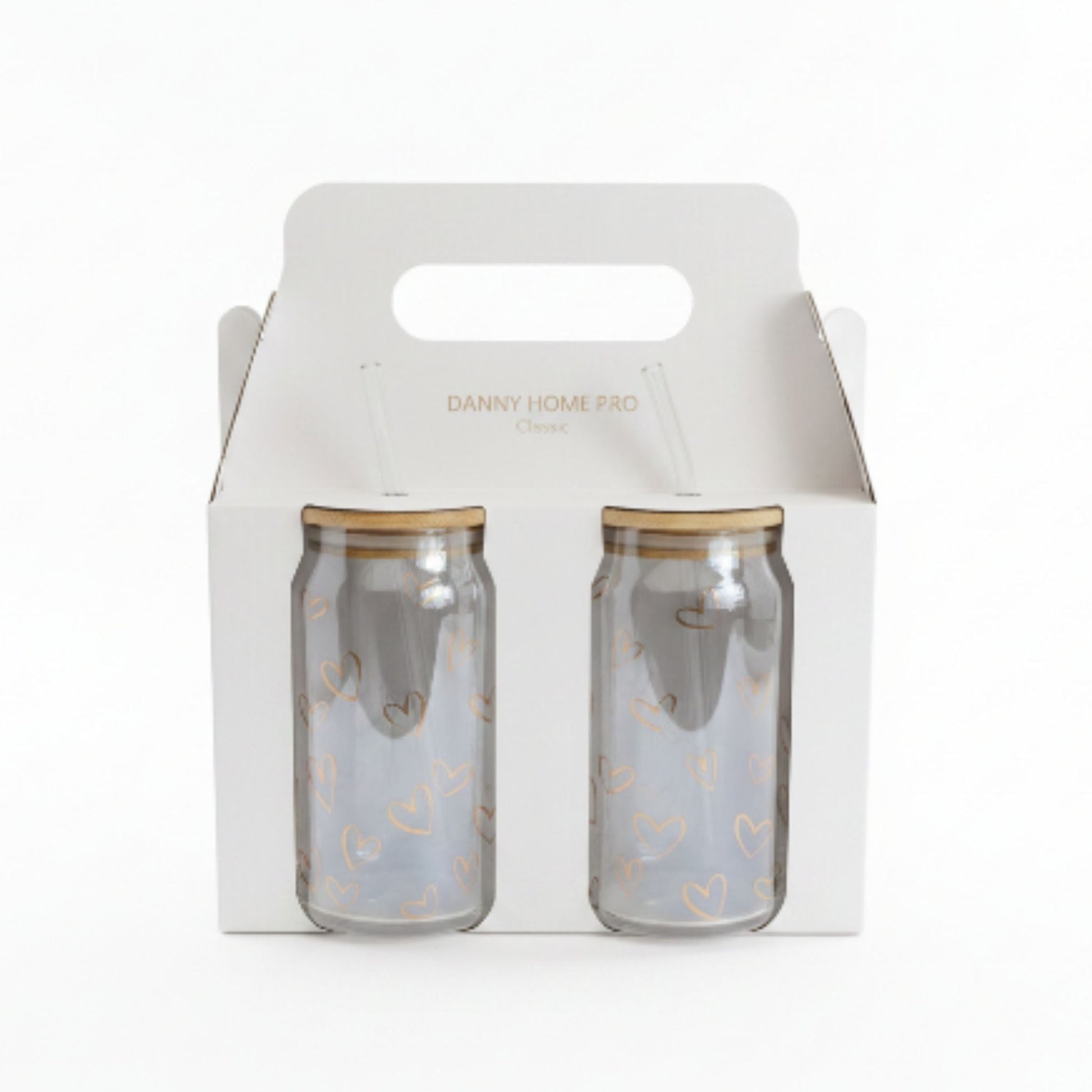 Danny Home 2pc Printed Bamboo Glass Can With Straw 500ml - Gold Heart