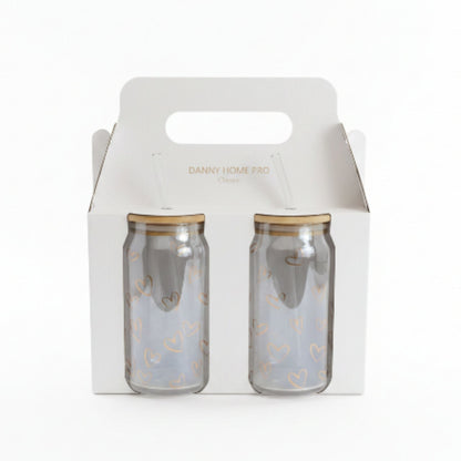 Danny Home 2pc Printed Bamboo Glass Can With Straw 500ml - Gold Heart