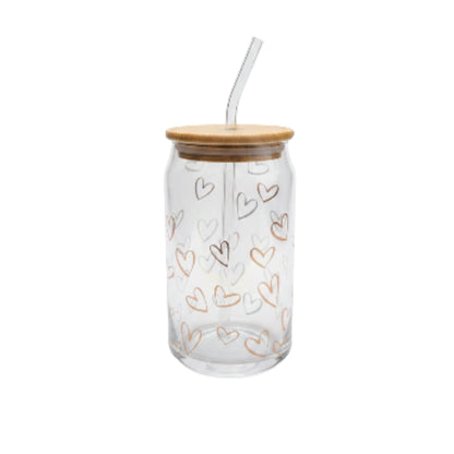 Danny Home 2pc Printed Bamboo Glass Can With Straw 500ml - Gold Heart