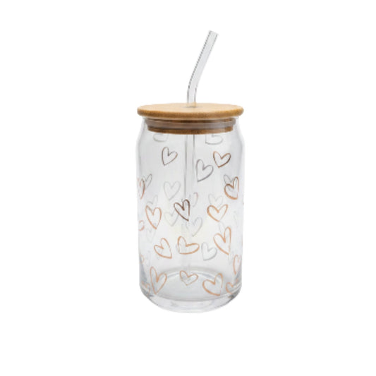 Danny Home 2pc Printed Bamboo Glass Can With Straw 500ml - Gold Heart