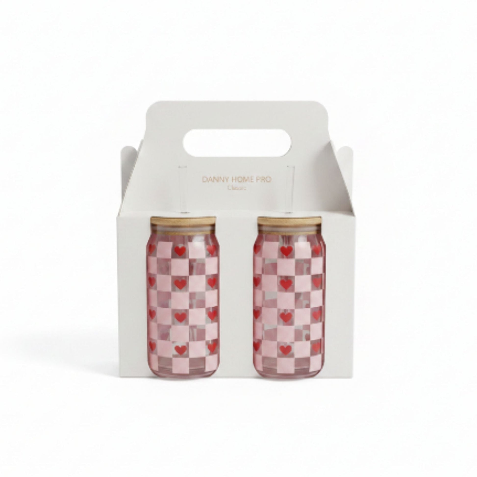 Danny Home 2pc Printed Bamboo Glass Can With Straw 500ml - Heart