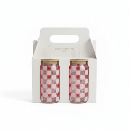 Danny Home 2pc Printed Bamboo Glass Can With Straw 500ml - Heart