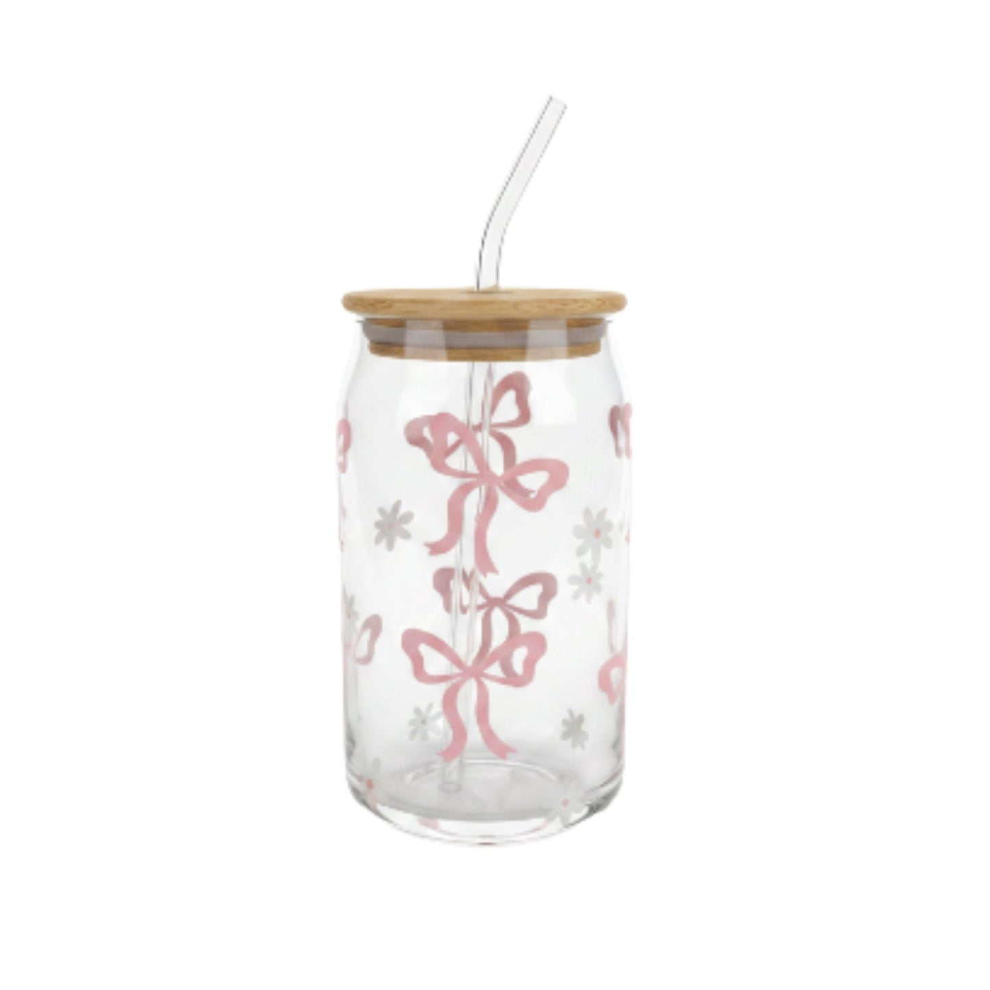Danny Home 2pc Printed Bamboo Glass Can With Straw 500ml - Pink Bow With White Flowers