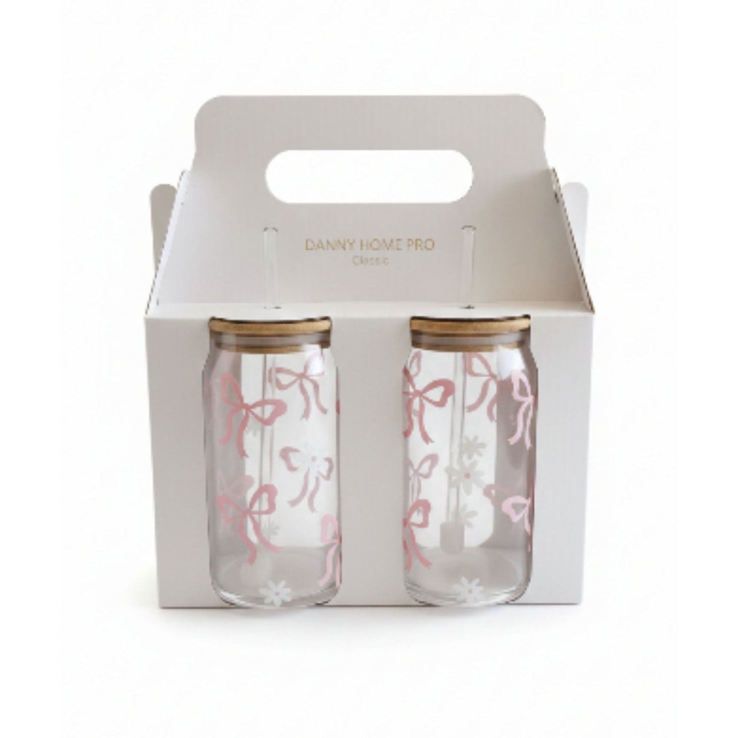 Danny Home 2pc Printed Bamboo Glass Can With Straw 500ml - Pink Bow With White Flowers