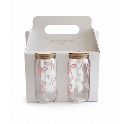 Danny Home 2pc Printed Bamboo Glass Can With Straw 500ml - Pink Bow With White Flowers