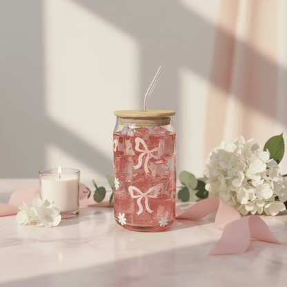 Danny Home 2pc Printed Bamboo Glass Can With Straw 500ml - Pink Bow With White Flowers