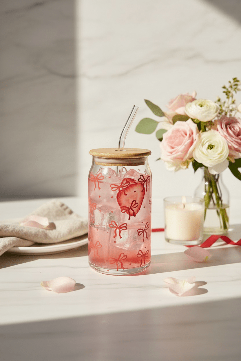 Danny Home 2pc Printed Bamboo Glass Can With Straw 500ml - Red Bow