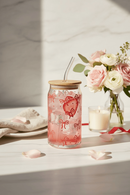 Danny Home 2pc Printed Bamboo Glass Can With Straw 500ml - Red Bow
