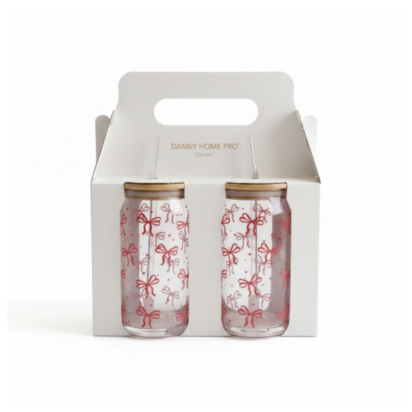 Danny Home 2pc Printed Bamboo Glass Can With Straw 500ml - Red Bow