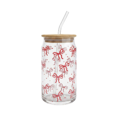 Danny Home 2pc Printed Bamboo Glass Can With Straw 500ml - Red Bow