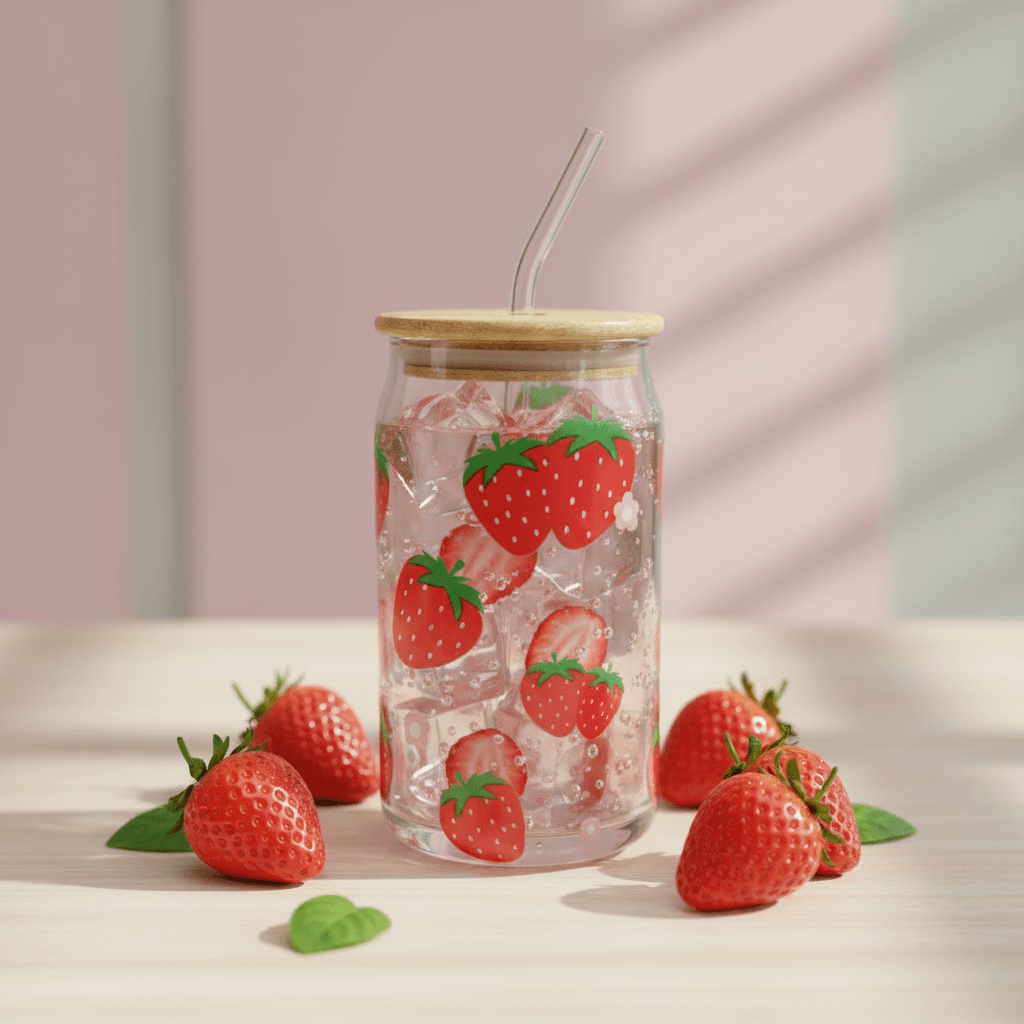 Danny Home 2pc Printed Bamboo Glass Can With Straw 500ml - Strawberry