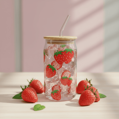 Danny Home 2pc Printed Bamboo Glass Can With Straw 500ml - Strawberry