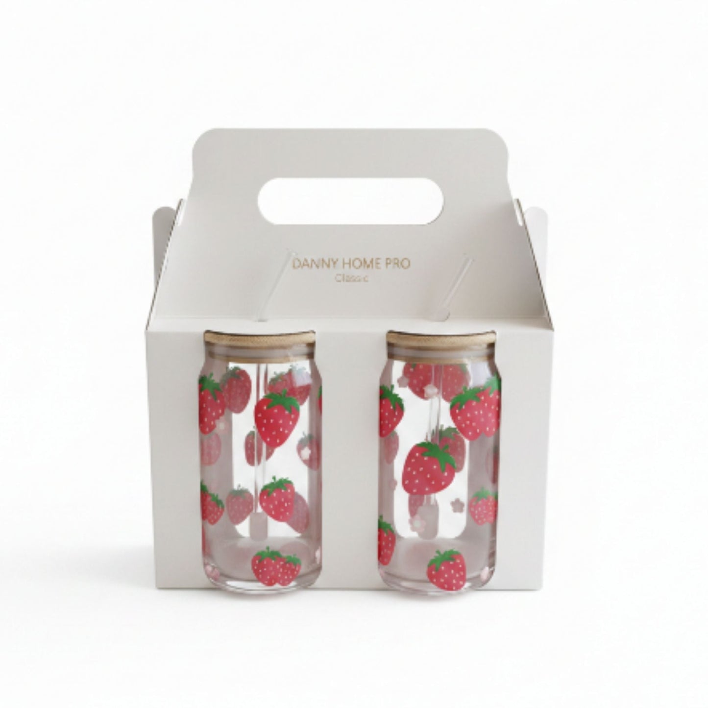 Danny Home 2pc Printed Bamboo Glass Can With Straw 500ml - Strawberry