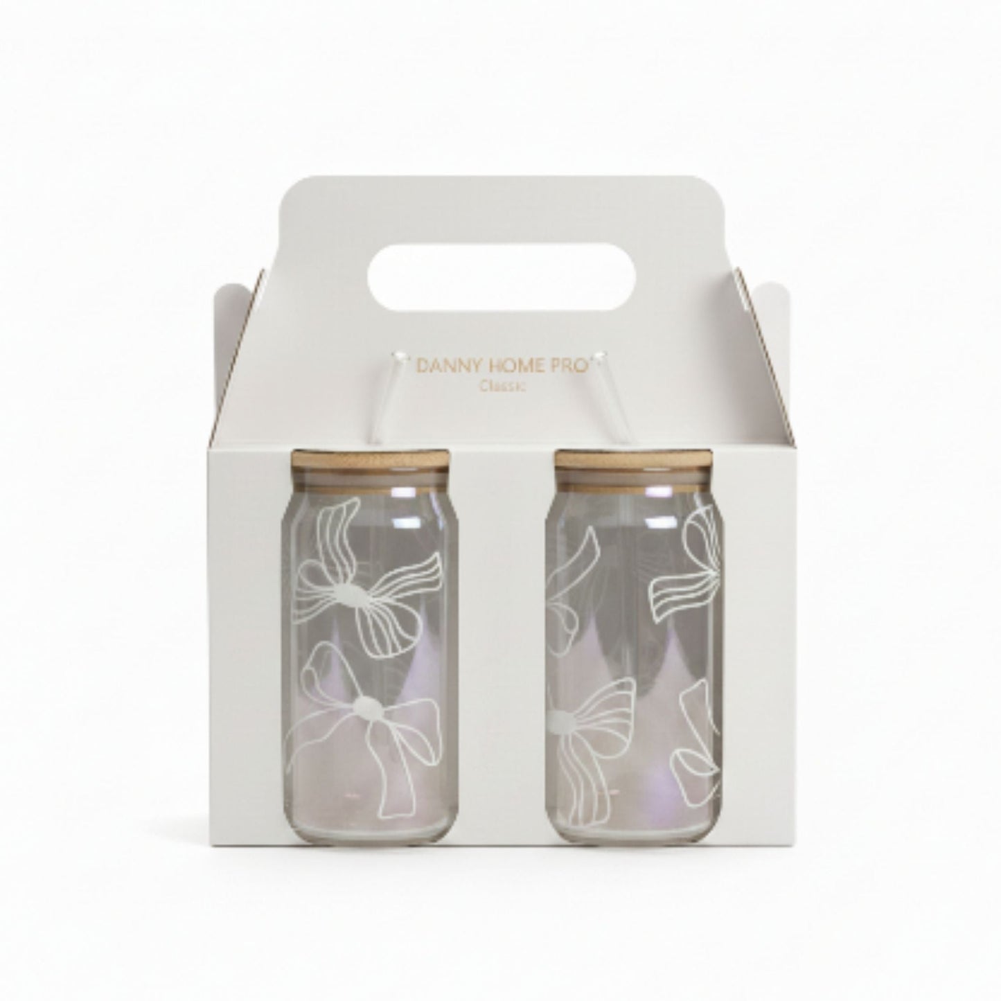 Danny Home 2pc Printed Bamboo Glass Can With Straw 500ml - White Bow