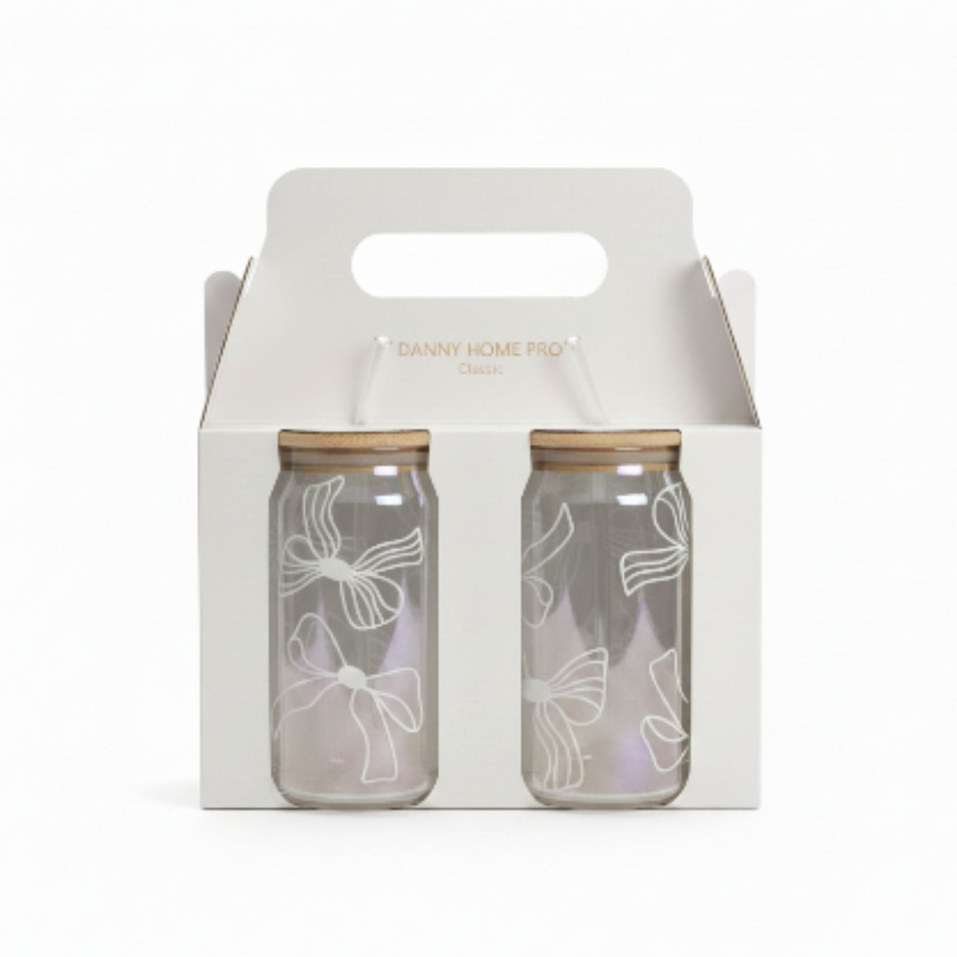 Danny Home 2pc Printed Bamboo Glass Can With Straw 500ml - White Bow