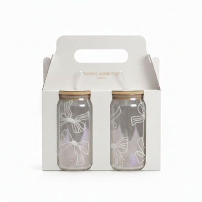 Danny Home 2pc Printed Bamboo Glass Can With Straw 500ml - White Bow