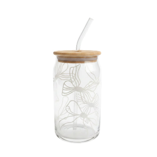 Danny Home 2pc Printed Bamboo Glass Can With Straw 500ml - White Bow