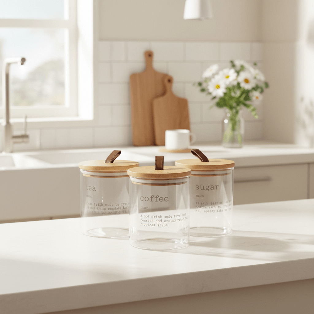 3pc Danny Home Glass Canister Set – Food Storage Jars for Kitchen, Pantry & Countertop Organisation - White Writing Lifetsyle