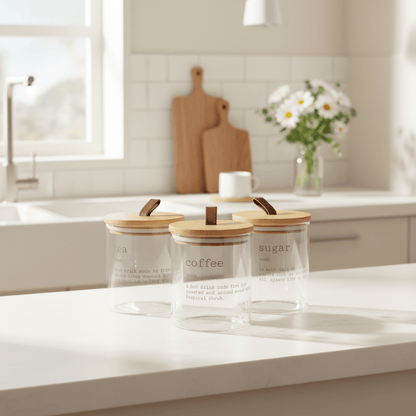3pc Danny Home Glass Canister Set – Food Storage Jars for Kitchen, Pantry & Countertop Organisation - White Writing Lifetsyle
