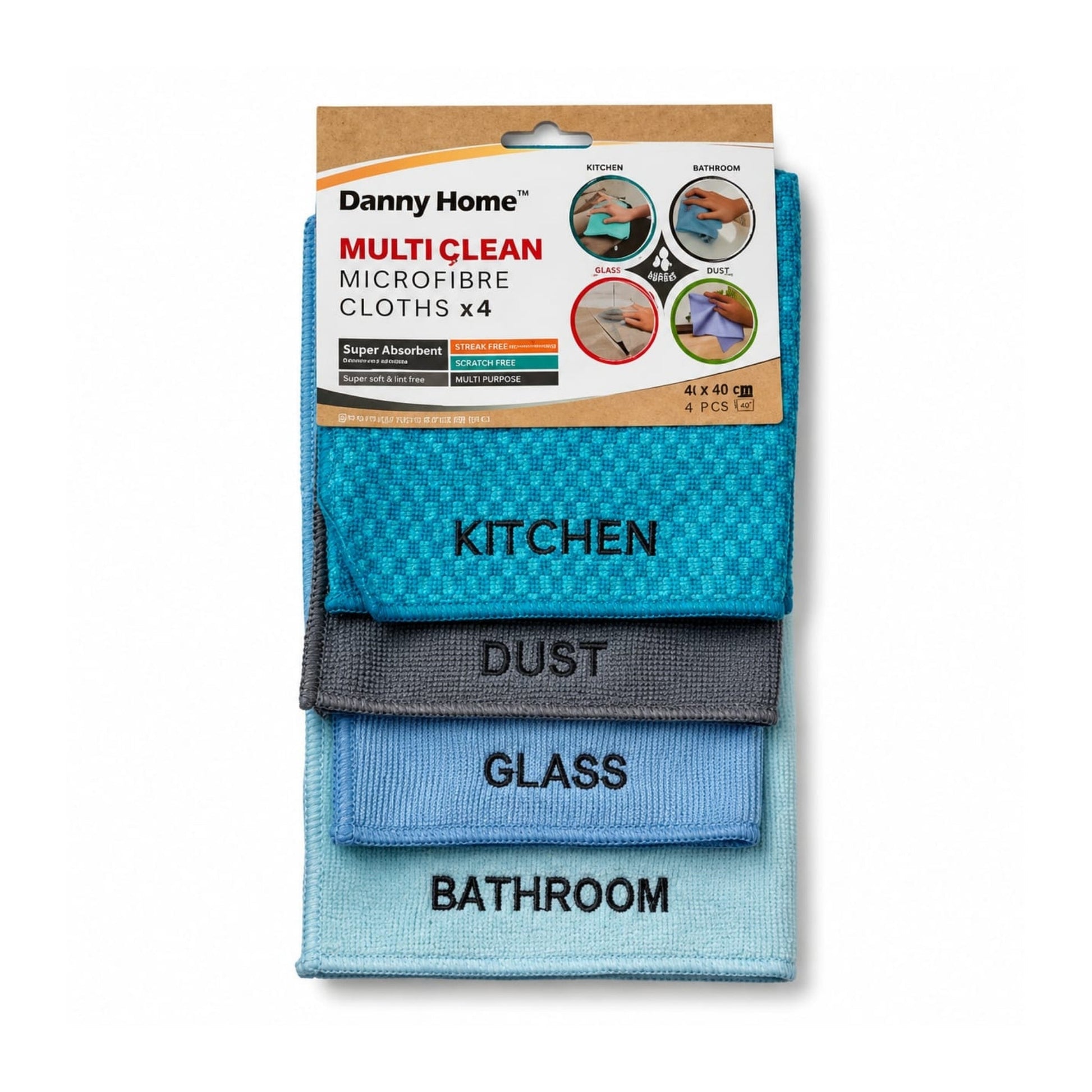 Danny Home 4pc Labelled Microfibre Cloth Set – Multi-Purpose Cleaning Cloths for Kitchen, Bathroom & Household Use
