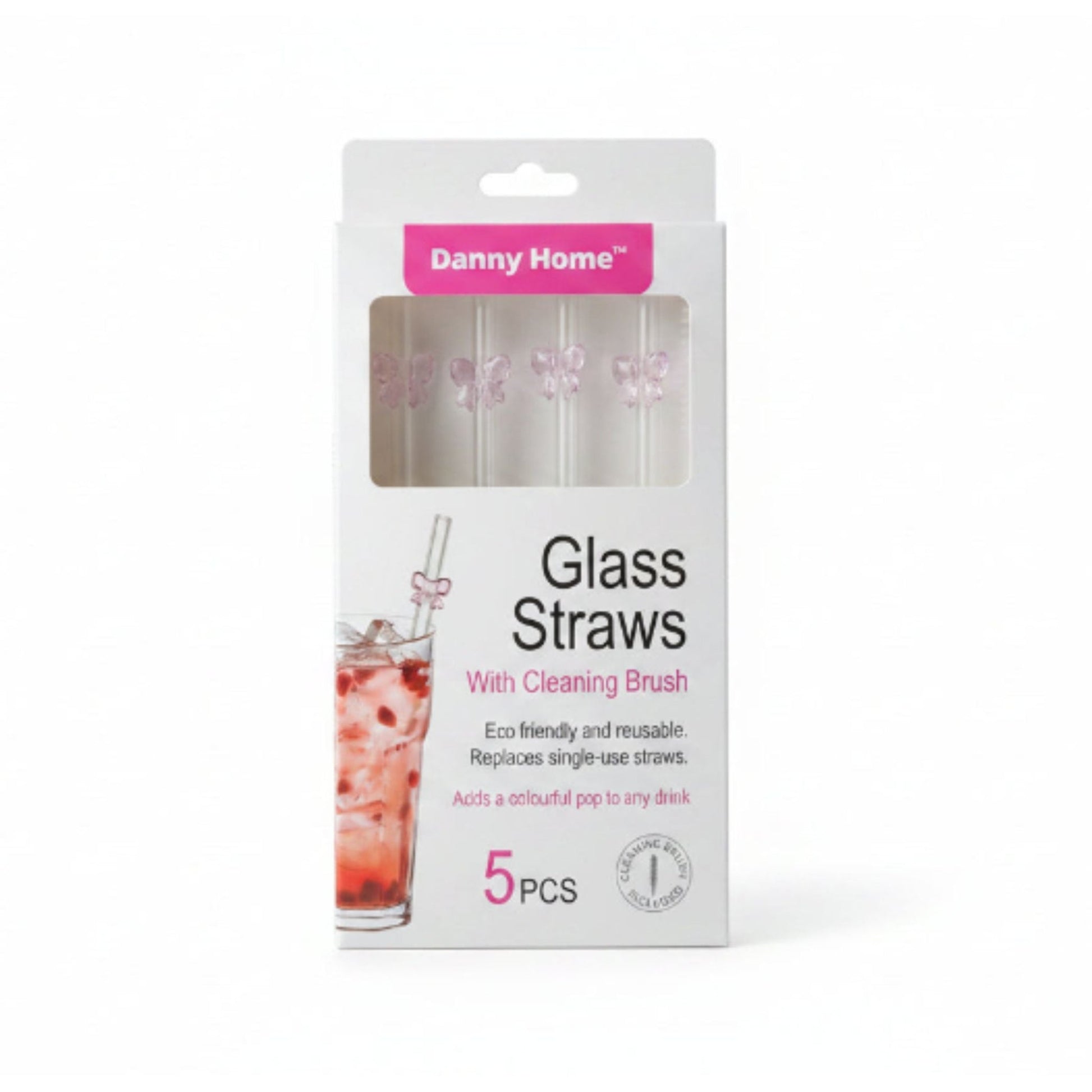 Danny Home 5pc Glass Straw Set - Pink Bow