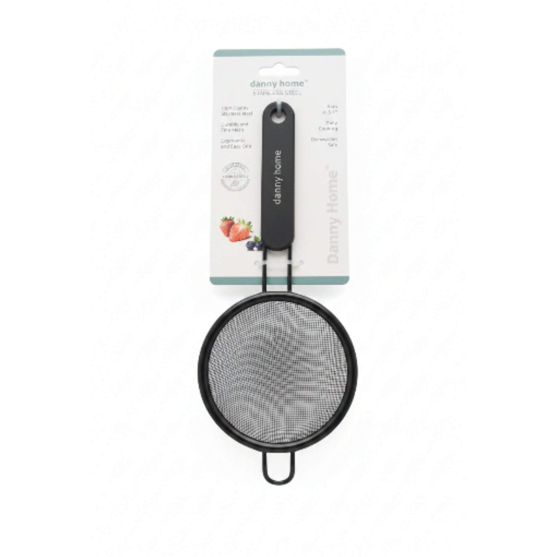 Danny Home 8cm Black Stainless Steel Fine Mesh Sifter | Kitchen Flour Sieve On White Background