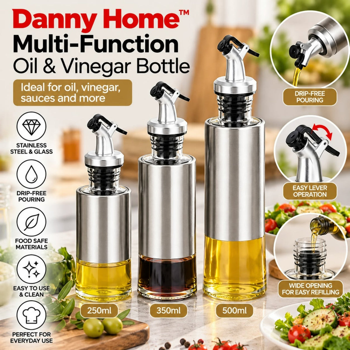 Danny Home Multi-Function Oil & Vinegar Bottle – Easy-Pour Kitchen Dispenser – Clear Glass Design