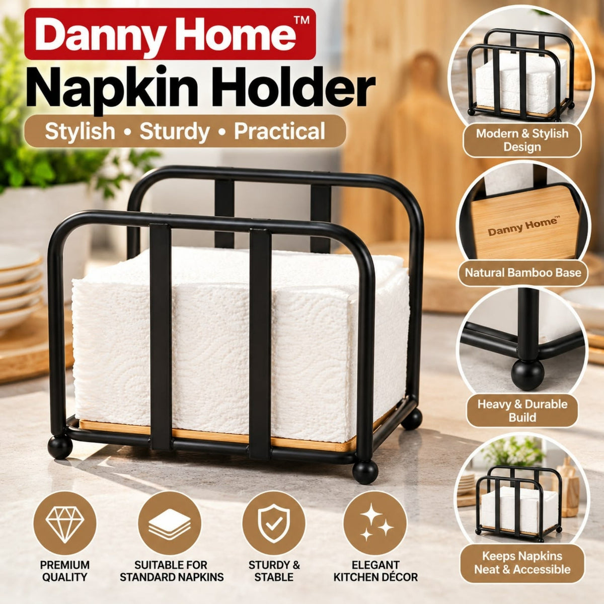 Danny Home Napkin Holder – Sturdy Tabletop Tissue Holder With Bamboo Base