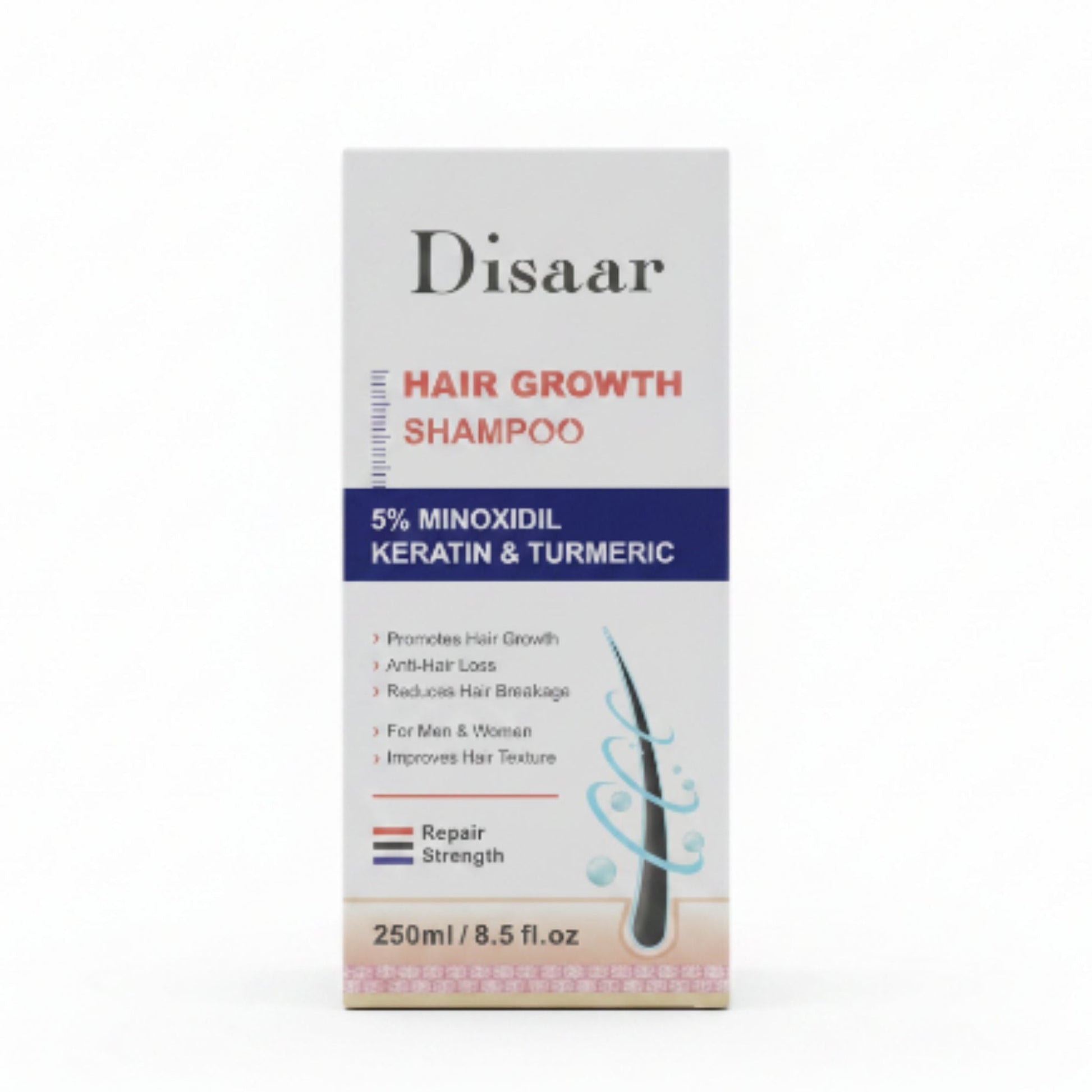 Disaar Hair Growth Shampoo - 5% Minoxidil, Keratin & Turmeric - 250ml Box On White Background
