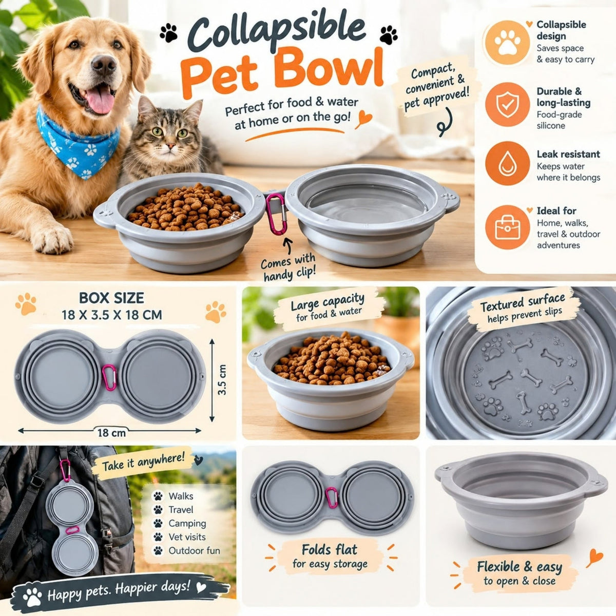 Double Collapsible Silicone Pet Bowl – Foldable Food & Water Feeding Bowl