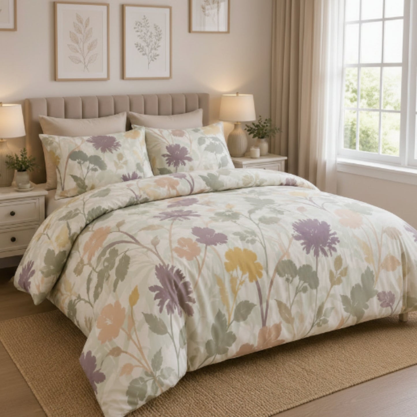 Double Duvet Cover Set - 100% Cotton - Purple & Green Floral