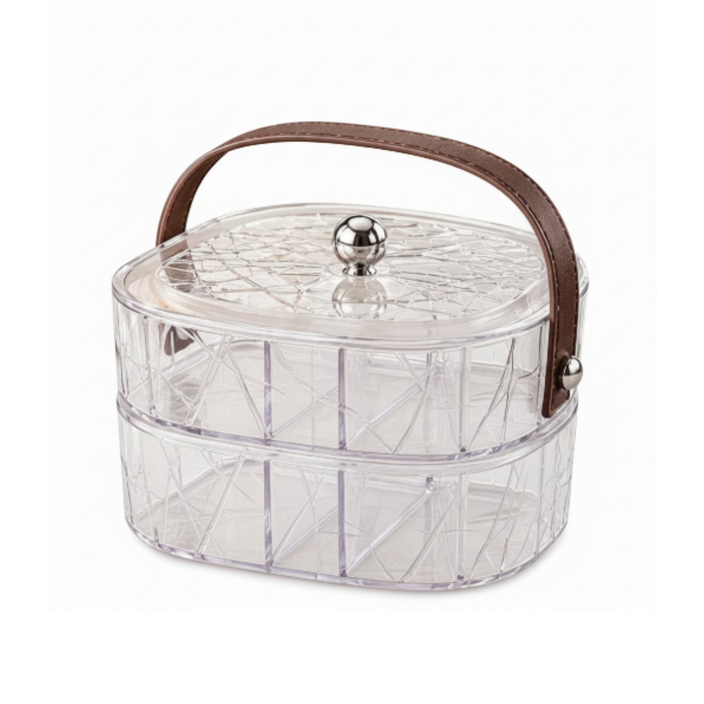 Double Layer Square Acrylic Snack Box with Linear Abstract Design On White Background