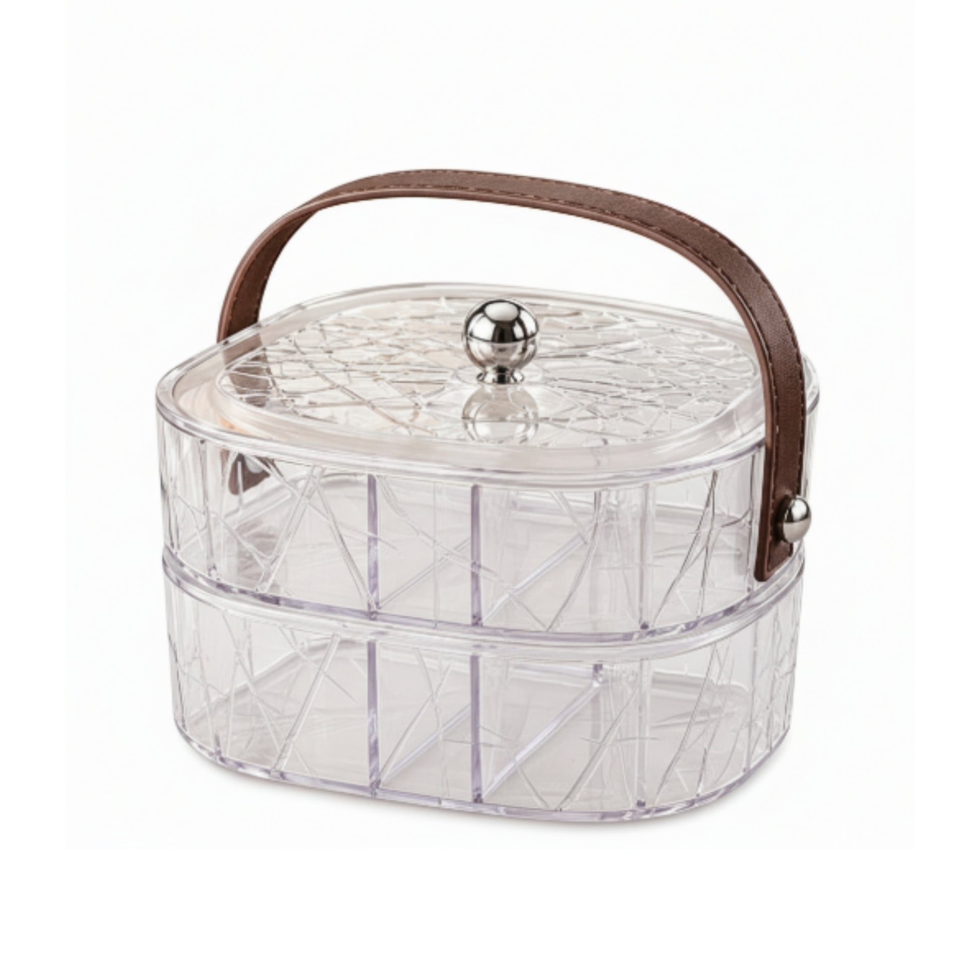 Double Layer Square Acrylic Snack Box with Linear Abstract Design On White Background