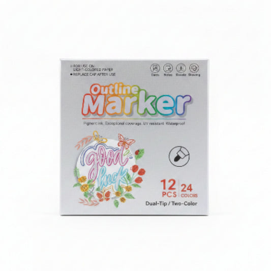 Dual Tip Metallic Outline Markers Set - 12 Pack 24 Colors For Drawing