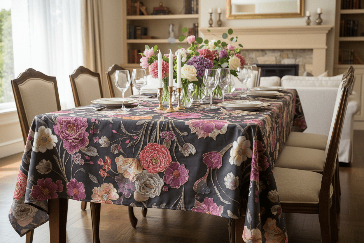 Duchess Satin Table Cloth 2.5M Black With Purple Flower