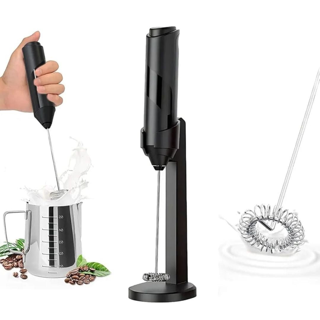 Electric Milk Frother on Stand – Handheld Coffee Foam Maker On White Background
