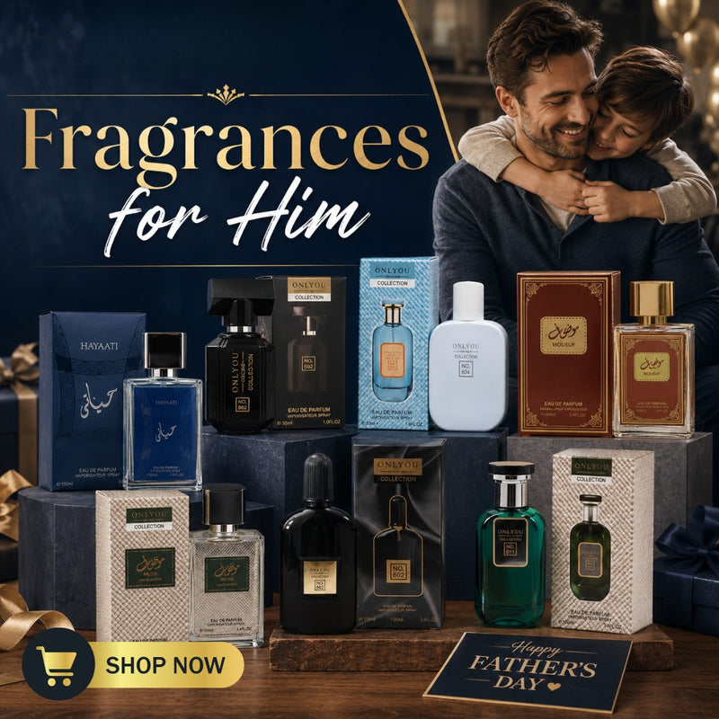 indicates the fragrances with a father and son in the background with text on the top left 
