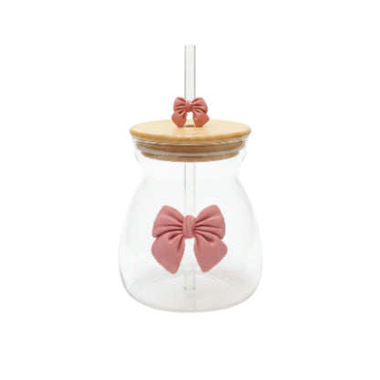 Glass Belly Cup With Lid And Straw - Pink On White Background
