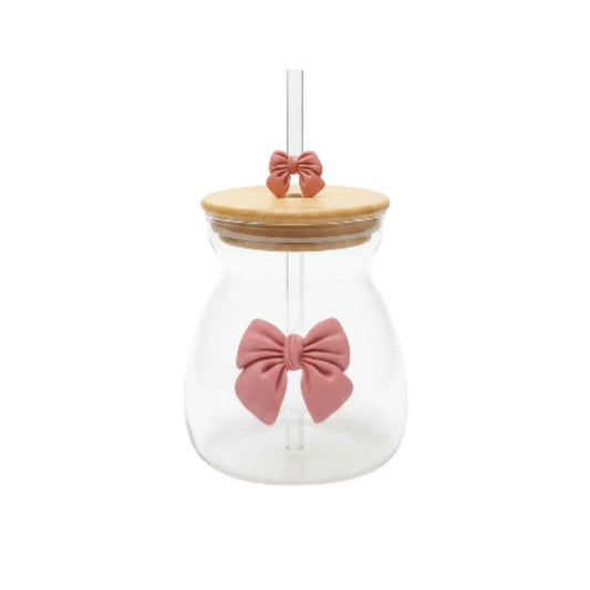 Glass Belly Cup With Lid And Straw - Pink On White Background