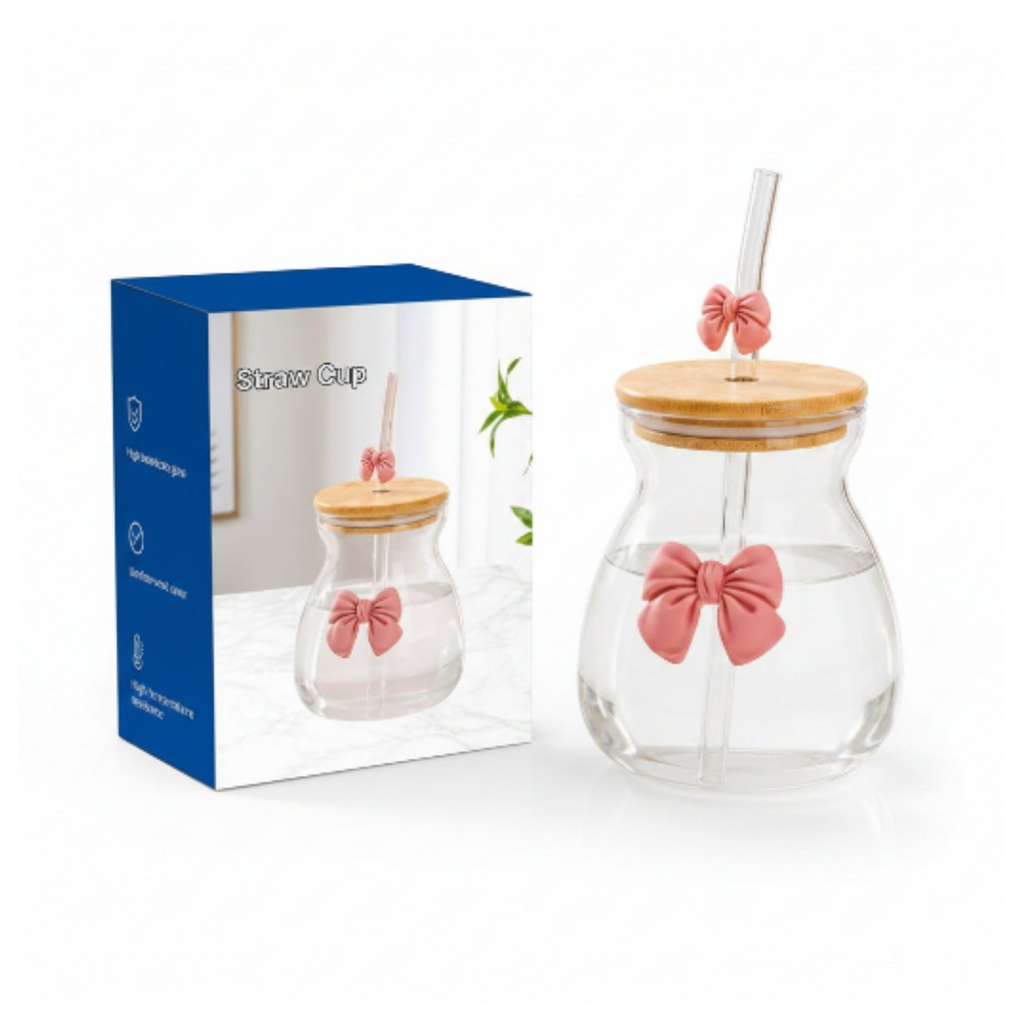 Glass Belly Cup With Lid And Straw - Pink On White Background