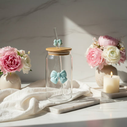Glass Can With Bow And Straw